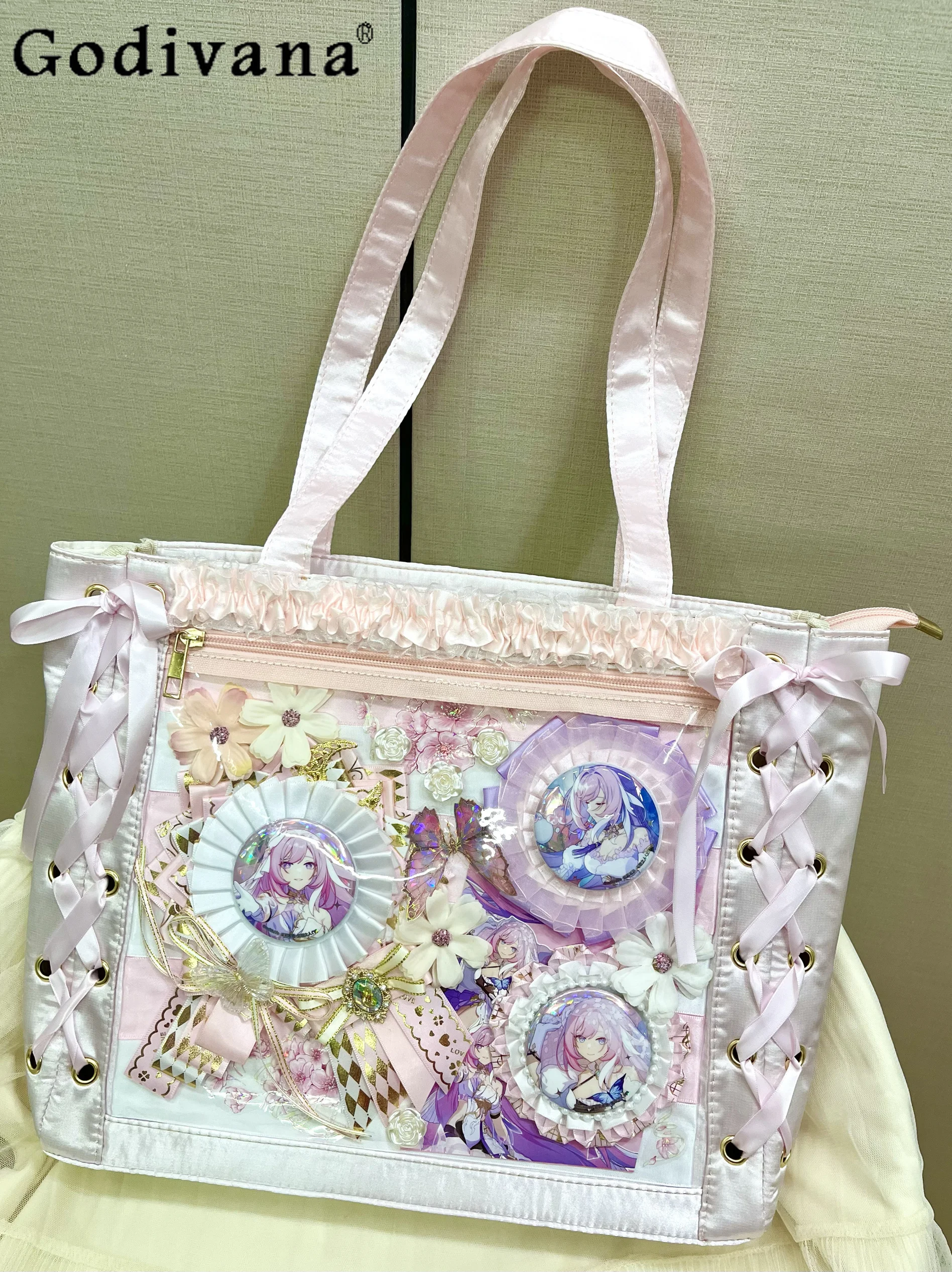 

2D Japanese Original Lolita Transparent Pain Bag Beautiful Girl Satin Ribbon Bow Daily Casual Commuting Versatile Shoulder Bag