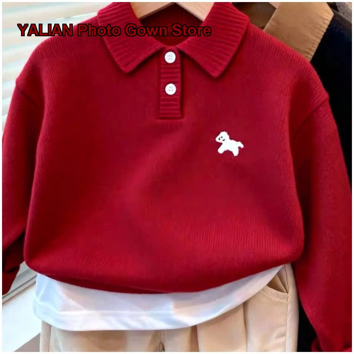 Boys Knit Top Kids Autumn Winter Polo Collar Cartoon Print Animal Pattern Solid Color Thin Breathable