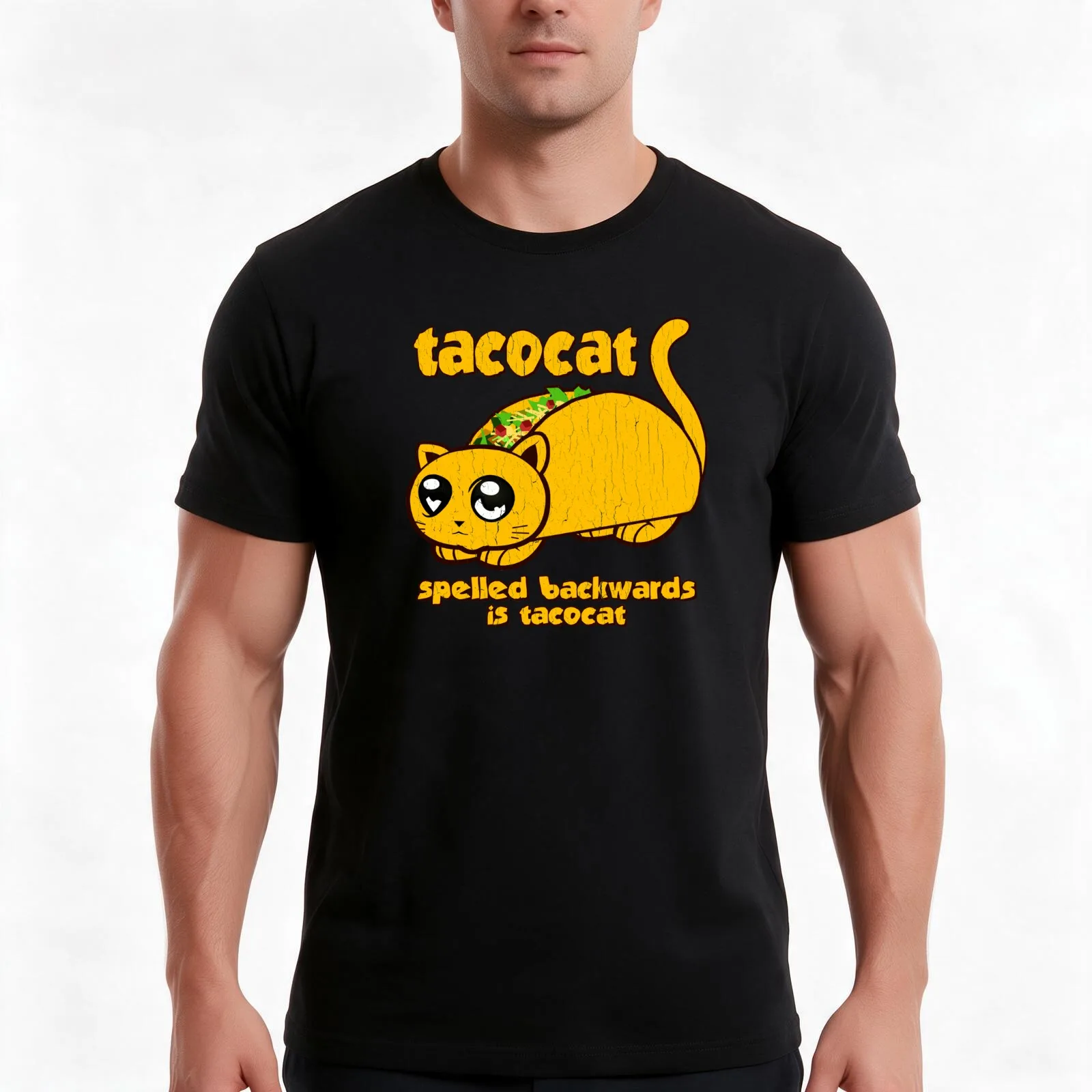 Funny - Tacocat Spelled Backwards (vintage look) T-Shirt, Summer Casual Cotton Tee, Oversized Streetwear Tops, Unisex Men Women