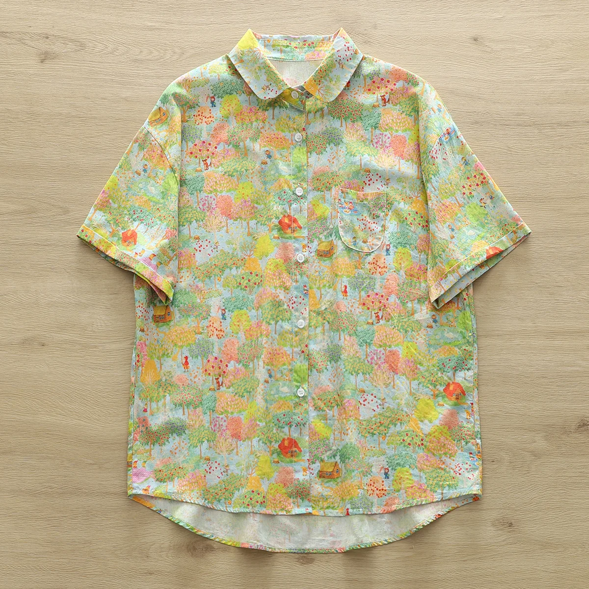 New Spring Cotton Printed Shirt Women Lapel Short Sleeve OL Commute Tops Girl Loose Casual Loose Blouses 2024 Autumn T45340QC