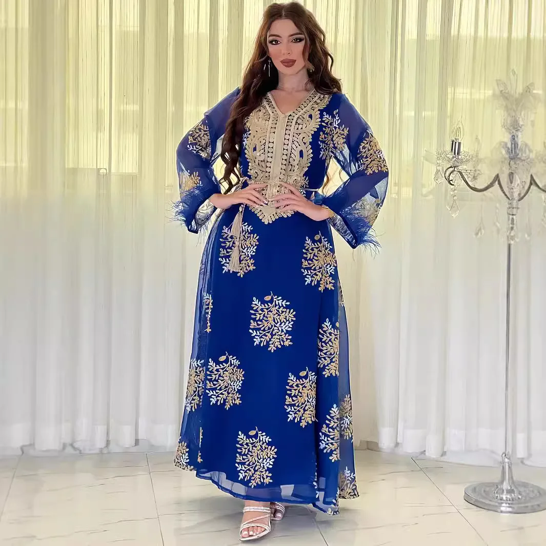 

Spring Summer fancy abaya Middle East Arab New Floral Gold Plated Women Dress Party Dresses Moroccan Kaftan Customized Belt 4076