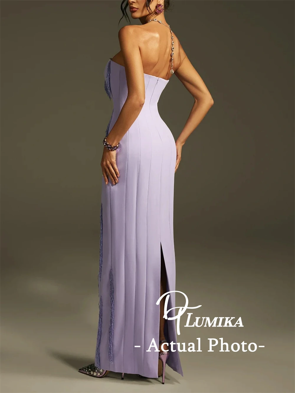 DTLumika – Lilafarbenes Maxikleid mit Perlenquasten für Damen, Etuikleid, langes Partykleid, trägerlos, Abschlussball, Abend, Abendessen