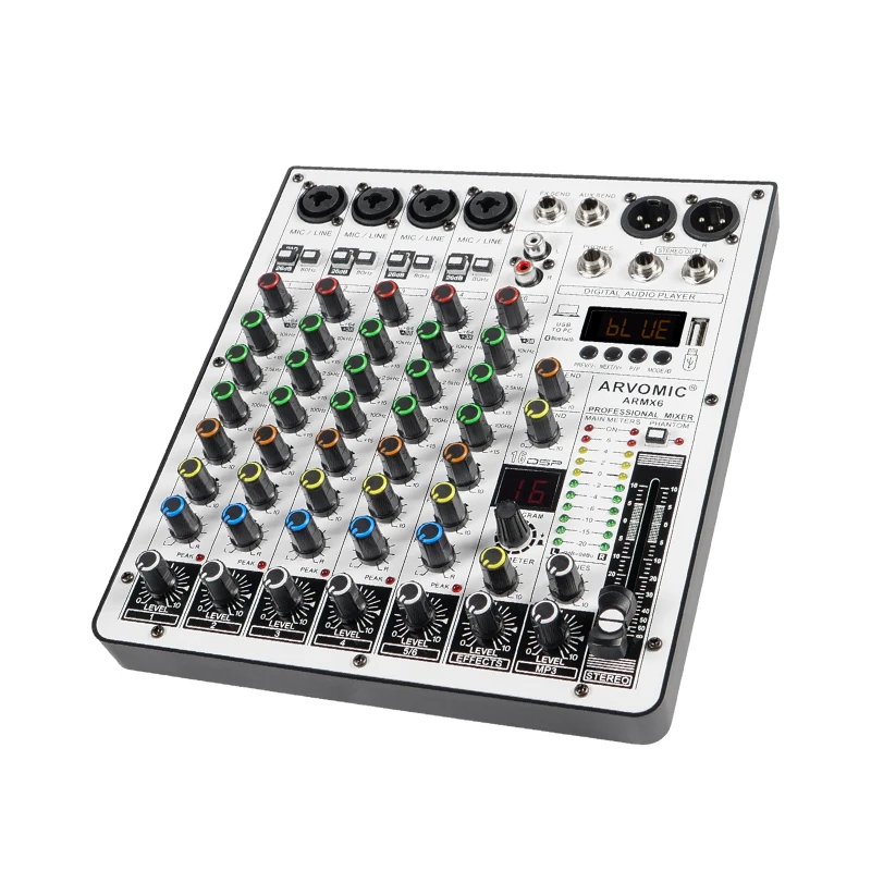 DJ Audio Mixer 6-Channel with USB Audio Interface, Bluetooth Function, 16 DSP Effects, and 3-Band EQ (ARMX-6)ARVOMIC