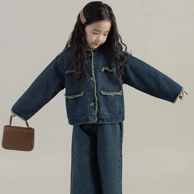 Girls\' Denim Set Washed Tassel Vintage Coat+ Loose Pants 2023 Spring And Autumn New Fashion Kids Outfit Casual Clothing Set