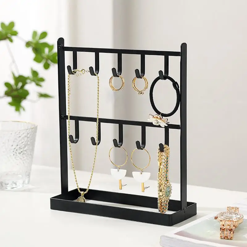 IIOOMetal Jewelry Display Stand 2 Tier Earring Necklace Holder Organizer Rack With Hooks And Tray