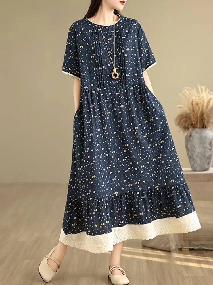 Manga curta oversized algodão linho vintage floral novo em vestidos para mulheres casual solto longo vestido de verão roupas elegantes 2025