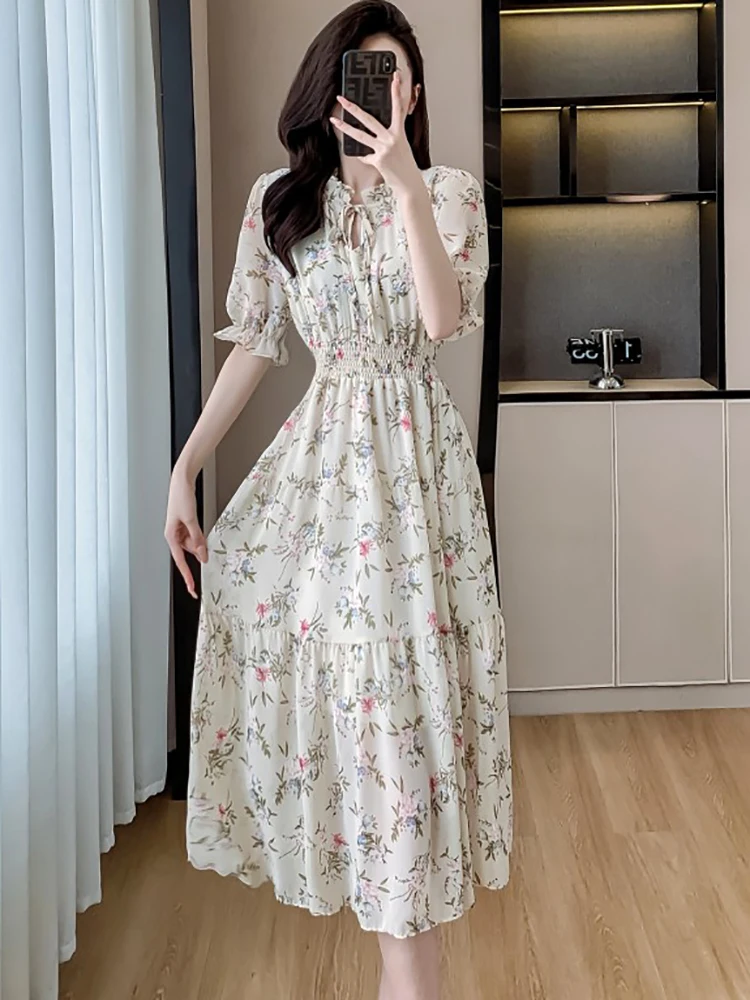 2024 Bloemen Chiffon Strik Ruches Kraag Casual Lange Jurk Zomer Elegante Bodycon Een Stuk Jurk Vrouwen Koreaanse Mode Feestjurk