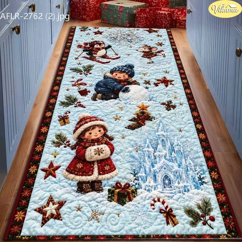 VIKAMA Christmas Runner Rug, Nutcracker & Puppy Dog, Stocking Teddy Bear, Sleigh Gifts, Soft Cozy, Hallway