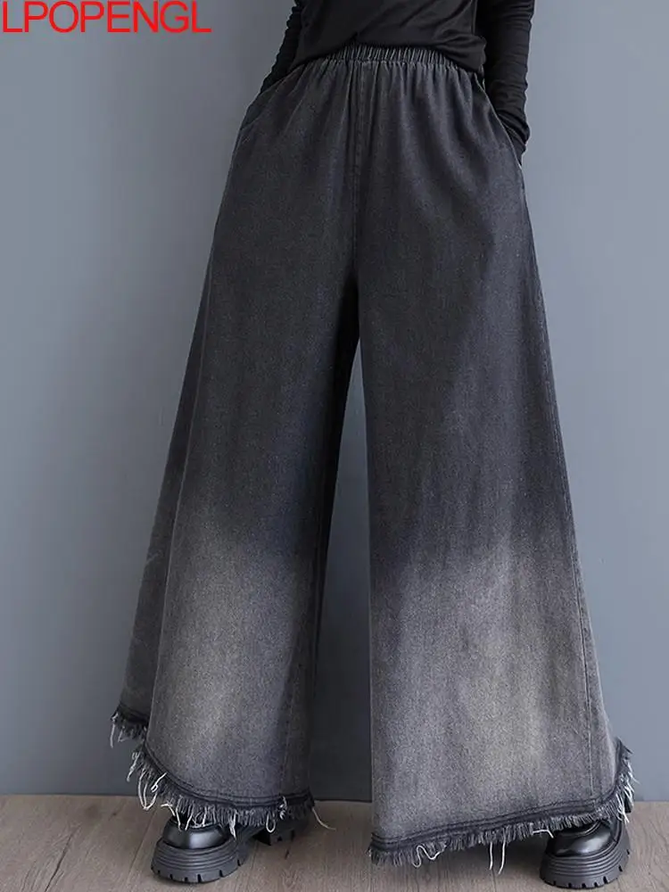 New 2025 Woman Spring And Autumn Washed Gradient Denim Wide-leg Pants Versatile Loose Raw Casual Elastic Waist Streetwear Jeans