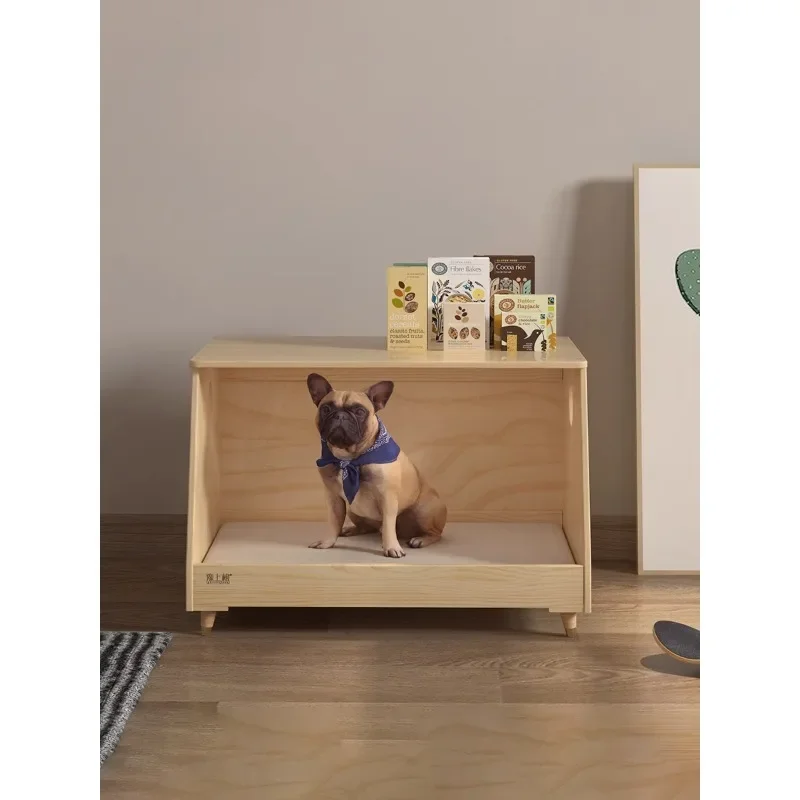 Solid Wood Pet House Bed for Dogs and Cats, Medium/Large Size Wooden Dog Crate with Nightstand for Indoor Home Decor