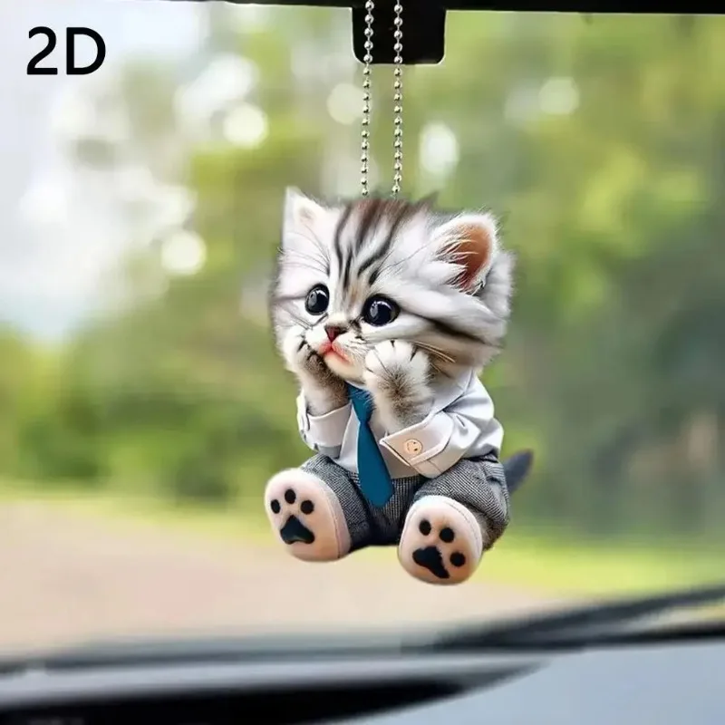 

Car Pendant Hanging Ornament With Chain Realistic 2D Animal Cat-Shaped Rearview Mirror Hanging Decor Car Interior Accessories