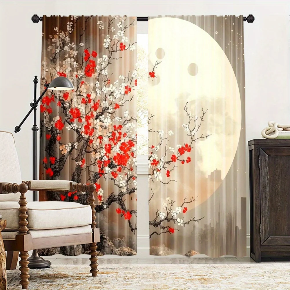 Floral Blossom Curtain Red White Cherry Blossoms Moon Scene Sheer Drapes Window Treatment Living Room Bedroom Romantic Aesthetic