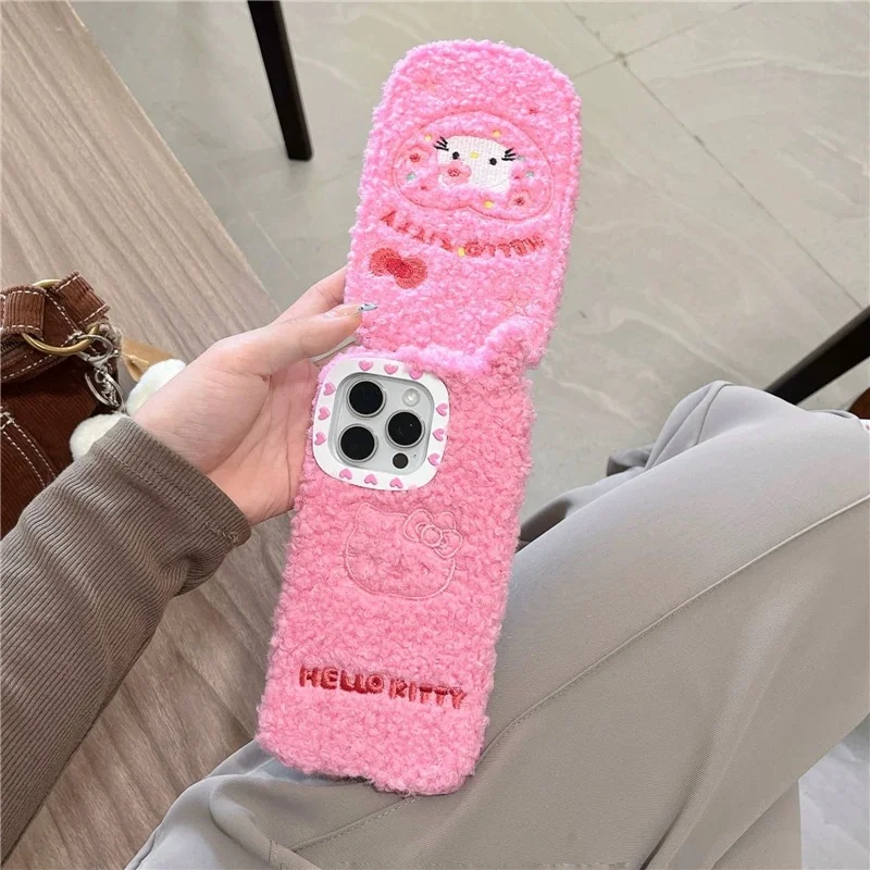 

Cute Plush Pink Hello Kitty Mirror What About Cashmere Wool Warmth Flip Phone Case For iPhone 16 15 13 Pro Max KT furry Protect