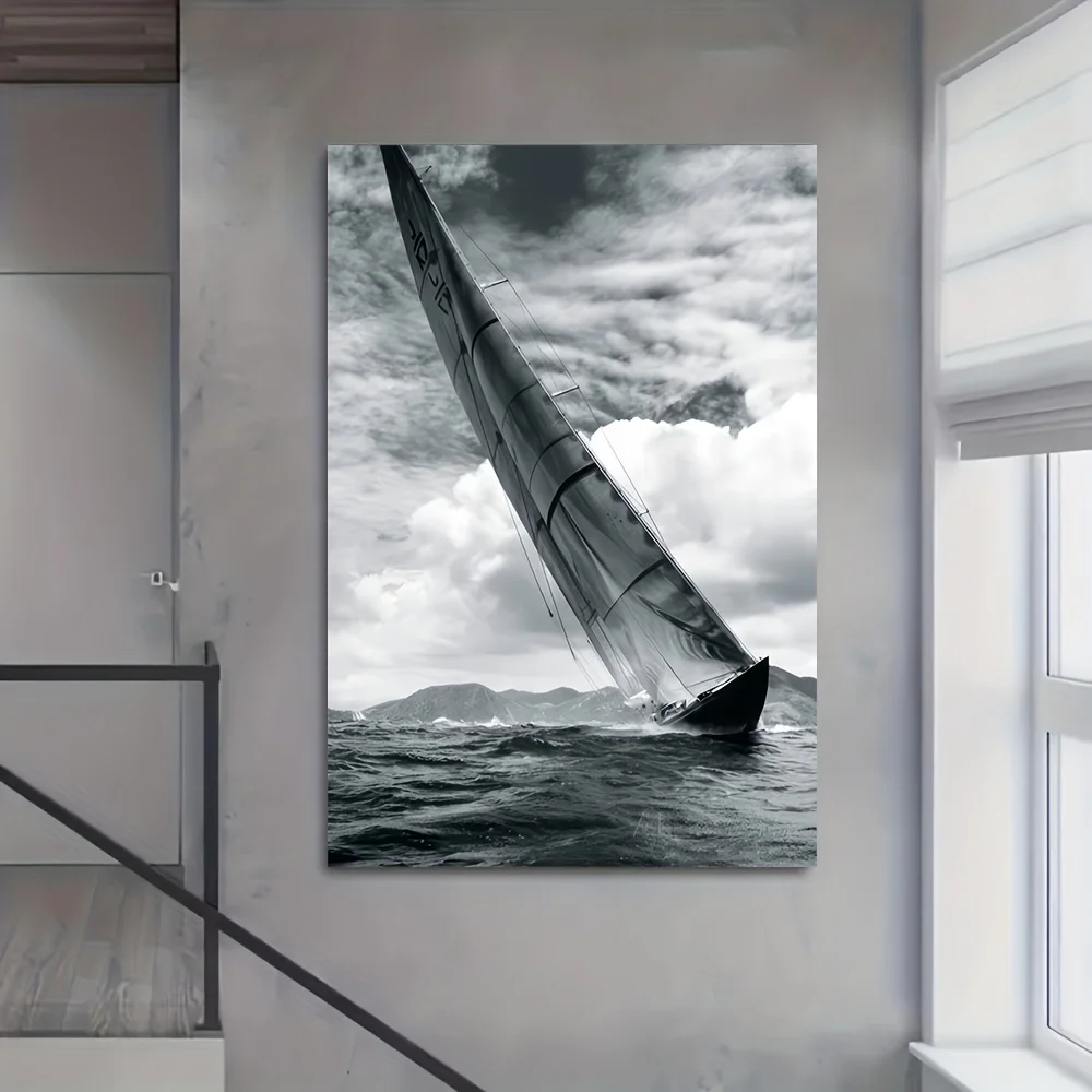 2D/FLAT, One Unframed, Modern Gray Tone Sea Sailing Canvas Art, Decorative Painting Large Size Canvas Poster, Living Room Wall
