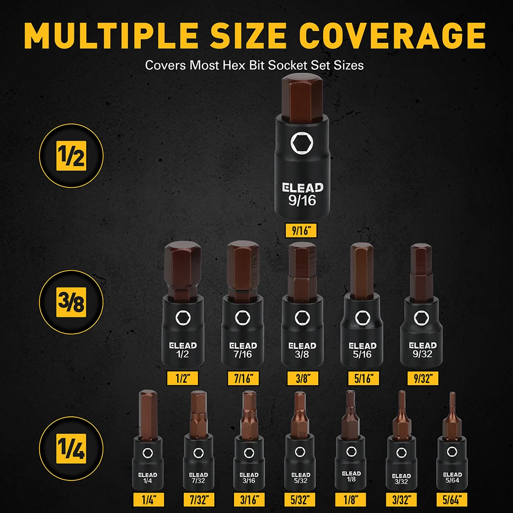 ELEAD Set di bussole a percussione con punta esagonale SAE da 16 pezzi - Set di bussole a brugola Premium S2 in acciaio 5/64"-9/16" con adattatori per prese
