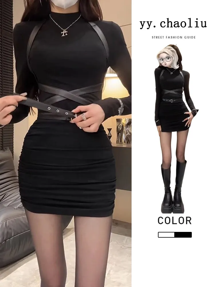 

Черное сексуальное платье с длинным рукавом, женское, весна 2026, новый стиль, с завышенной талией, облегающее, базовый слой, обтягивающее, с запахом.