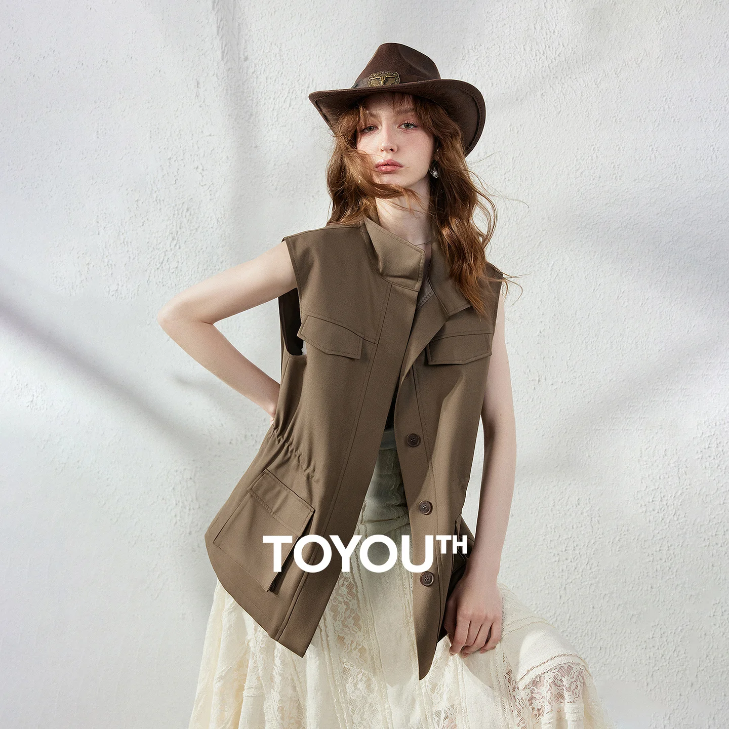 TOYOUTH Women's Vest 2026 Autumn New Urban Nomad Brown Green Stand Collar Layered Workwear Waistcoat