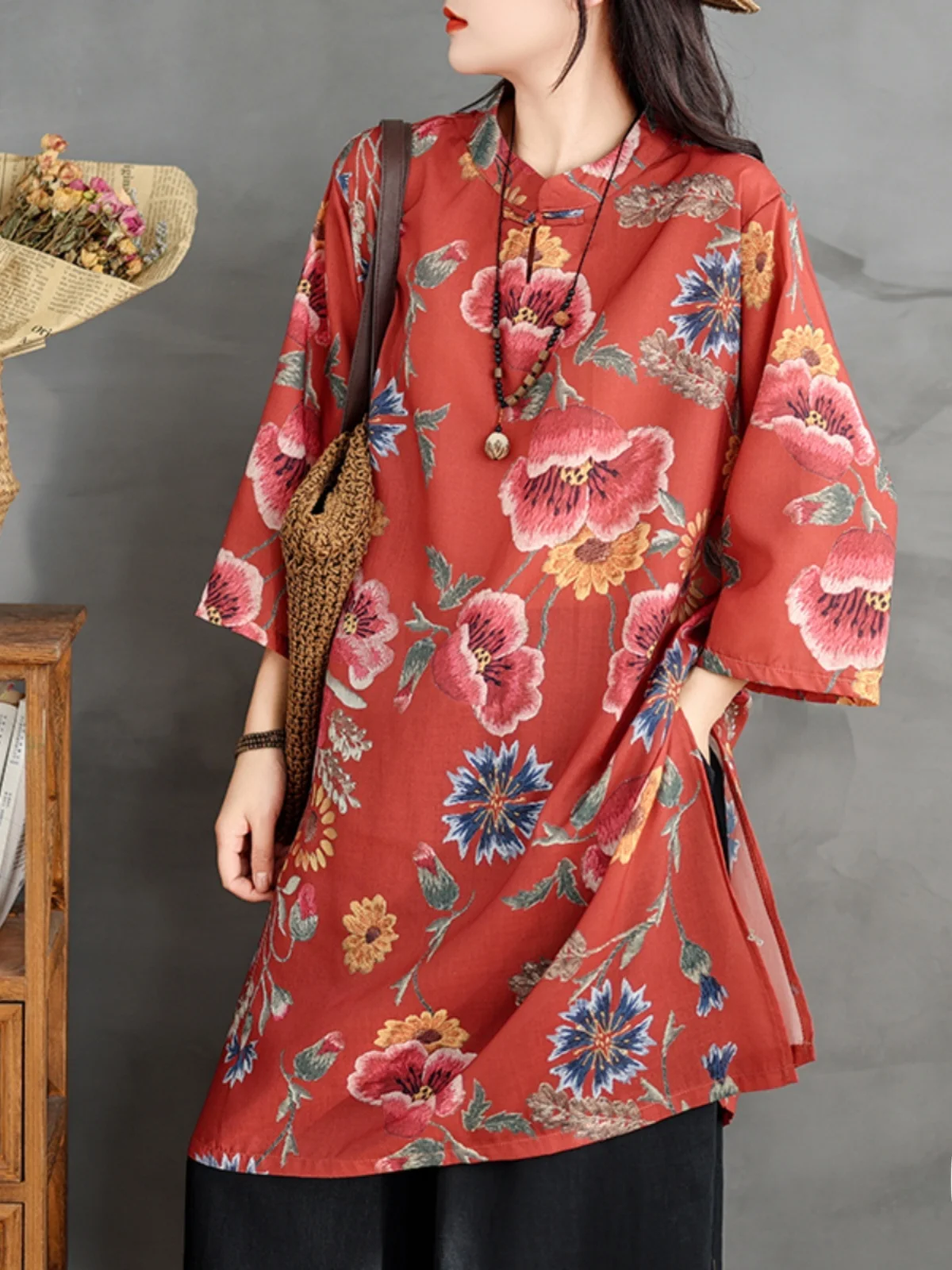 Damen Loose Fit Leinen Print irt Sommer Vintage Stehkragen Button up Midi Dr Casual Pendeln Sle Blumenstickerei