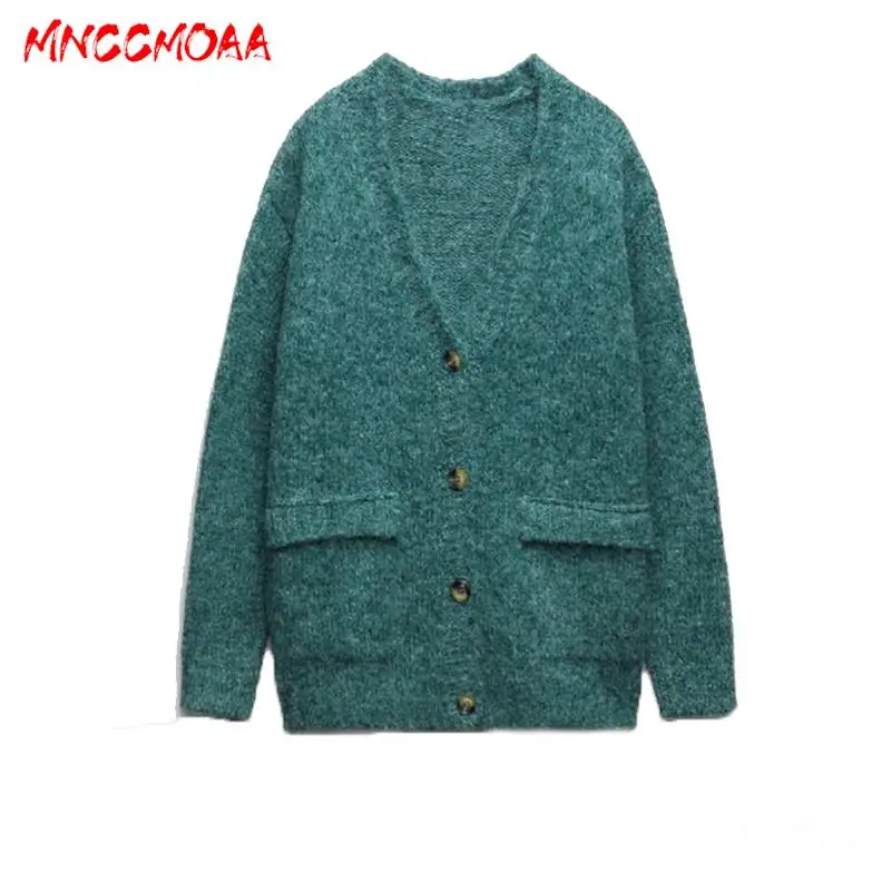 MNCCMOAA 2024 Autumn Winter Women Fashion Loose V-Neck Button Knit Sweater Cardigans Female Casual Long Sleeve Pockets Outwears