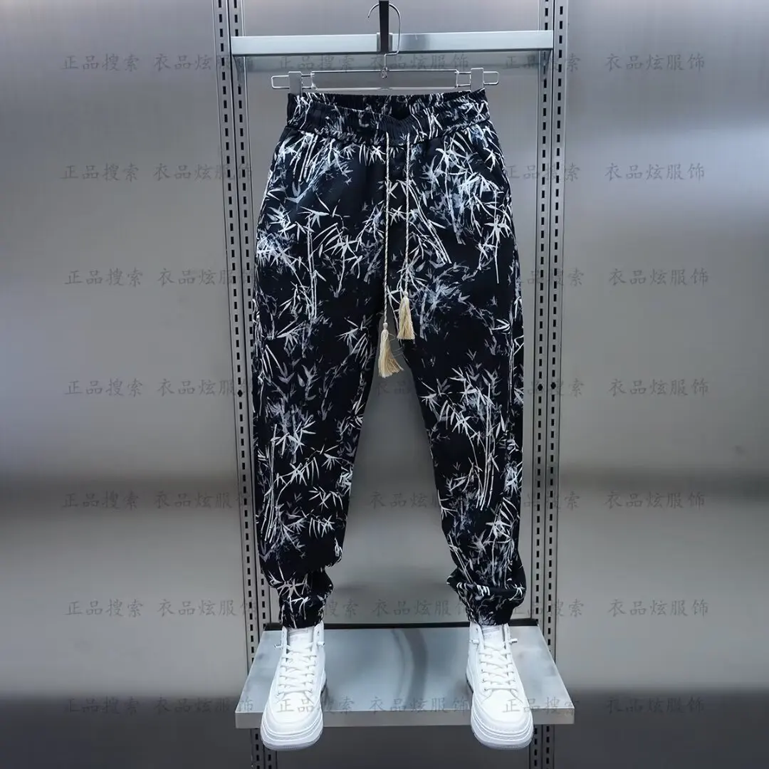 Calça Harem Respirável Masculina, Bamboo Printed Joggers, Calças de Cordão, Streetwear Casual, Verão 2024