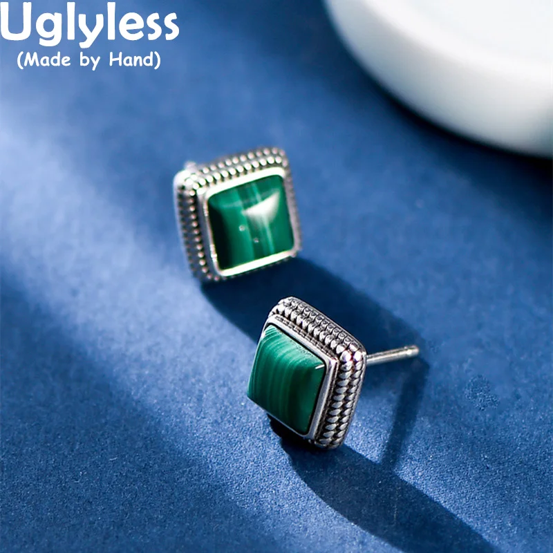 

Uglyless MINI Square Studs Earrings for Women Natural Gemstones Malachite Brincos Simple Fashion Geometric Earrings 925 Silver