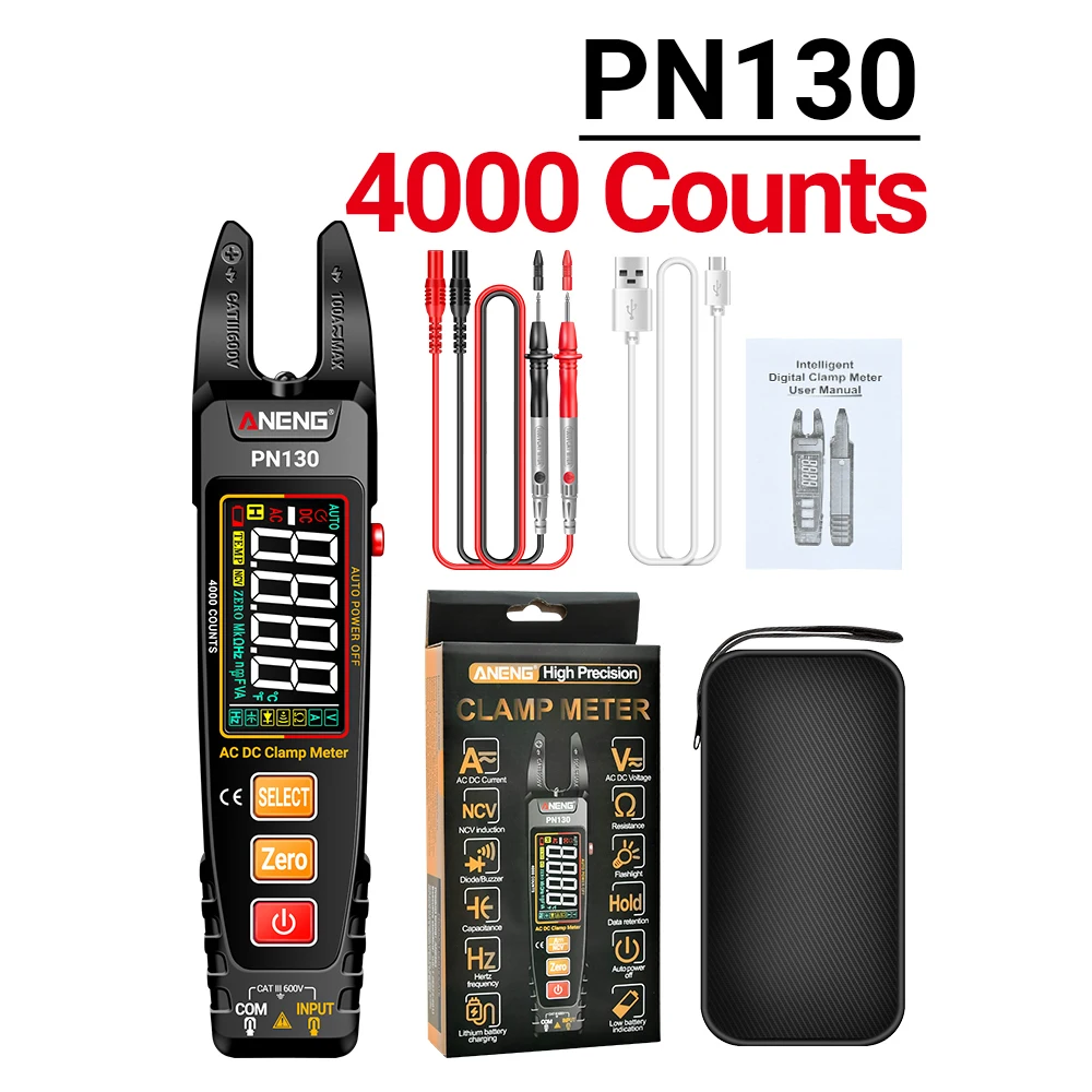 PN130 U-shaped Clamp Meter lithium Battery Plier Tester AC/DC Voltage Current Tools with USB Type-c Cable for Electrician Tool