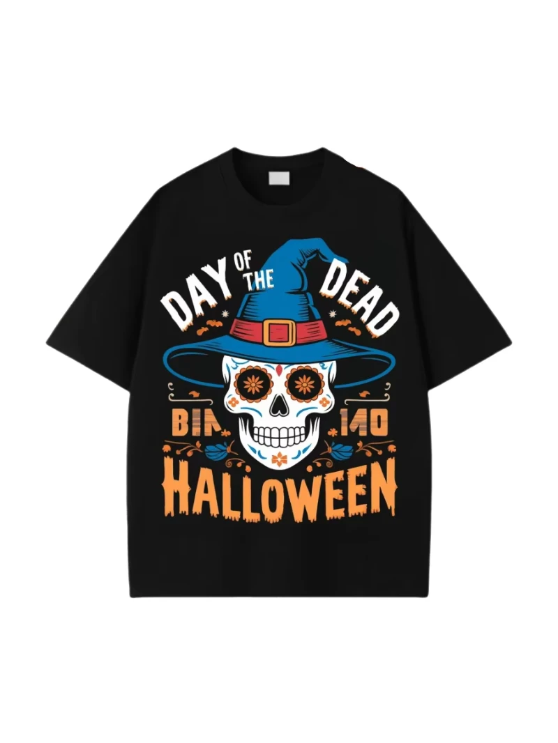 أزياء الهالوين يوم الموتى تي شيرت قطني قابل للتنفس ومريح ملابس الشارع تي شيرت أسود للرجال والنساء تي شيرت