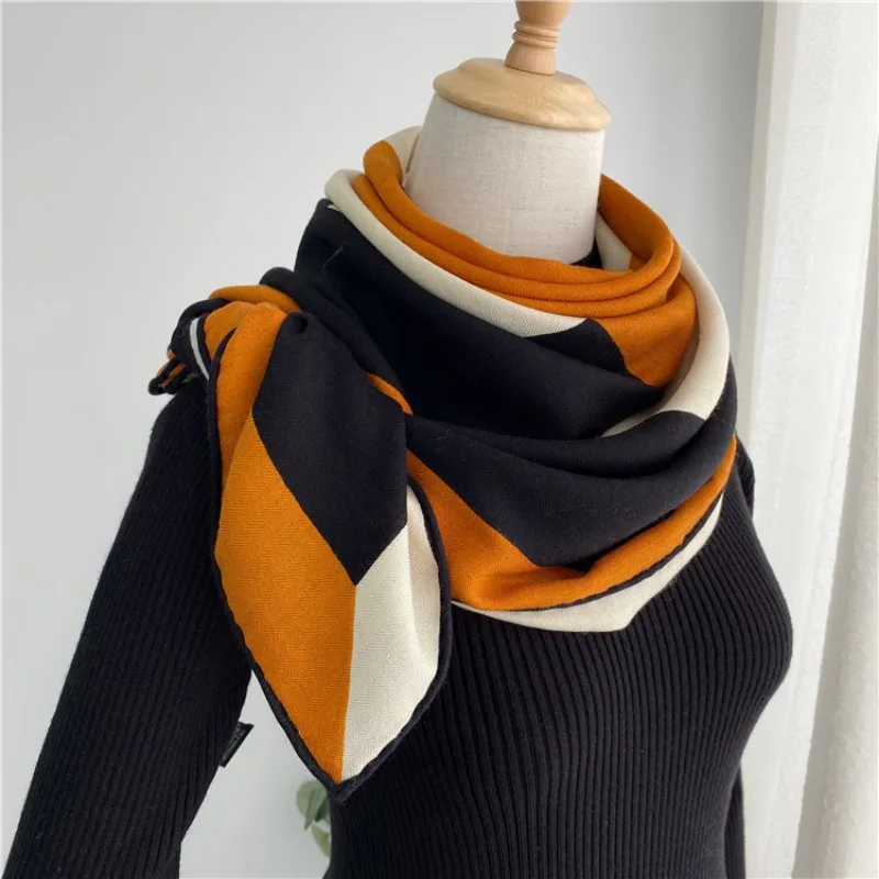 Black and orange color block splicing autumn and winter cashmere and silk large square scarf casual shawl scarf