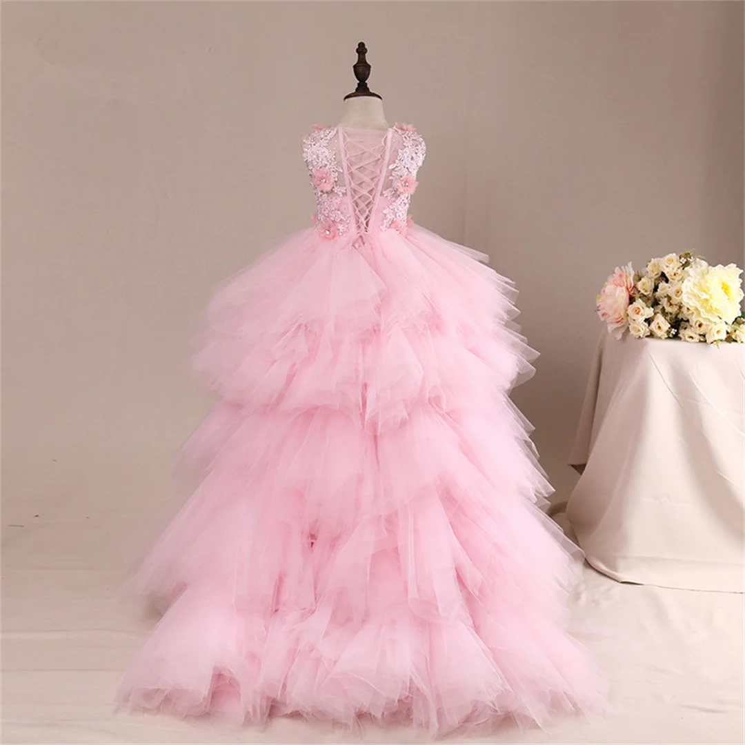 Customized Wedding With Bow Tulle Flower Girl Dress With Train Children Show Performance Costume Kids Baby Pageant Gownslong