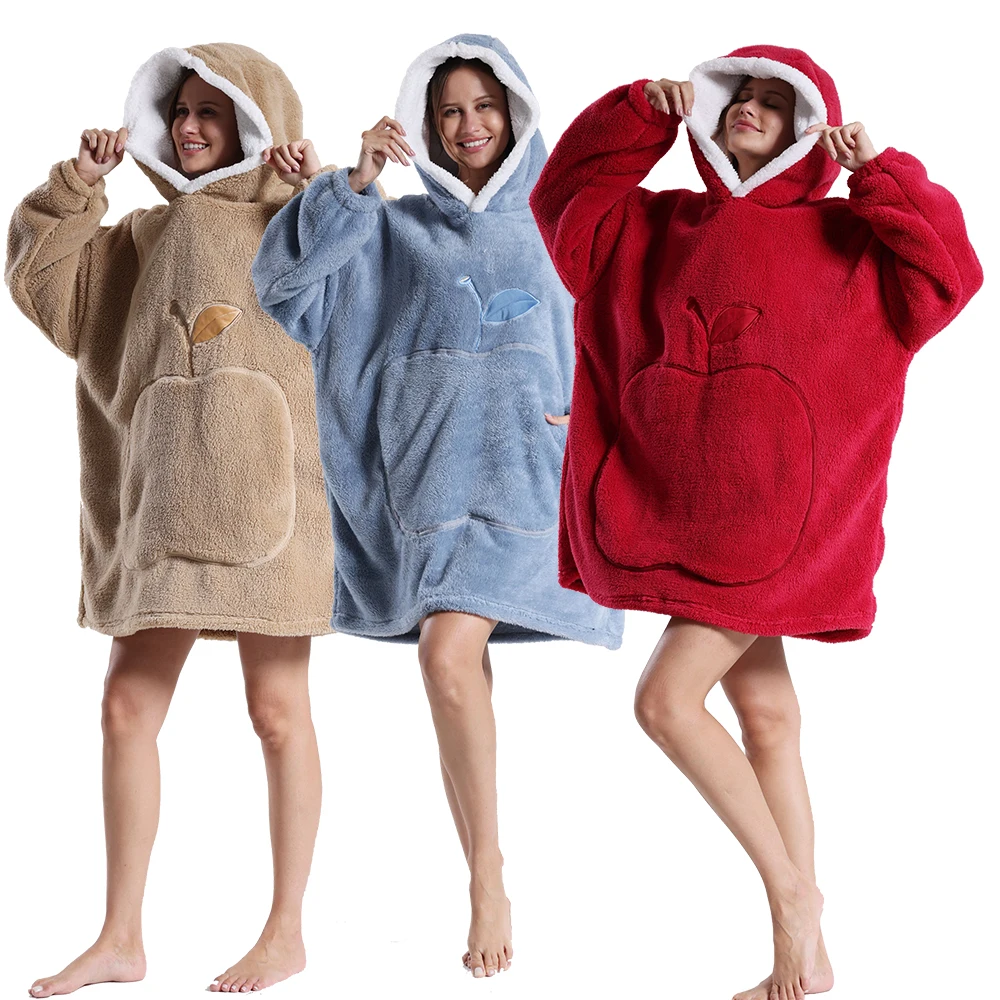 Red Oversized TV Wearable Blanket with Sleeves Light Brown Warm Plush Fleece Winter Sherp Hoodie Men Women Soft Sweatshirt Lazy