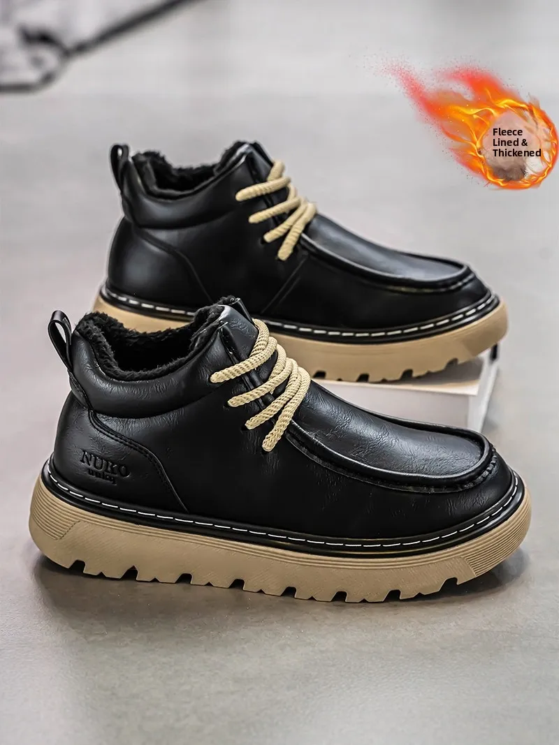 

Men's Winter Warm Boots Leather Snow Boots Casual Fashion Workwear Waterproof Cotton Shoes Thick Bottom Rubber Sole