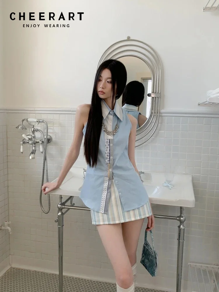 

CHEERART Designer Sleeveless Shirts & Blouses Summer Tops For Woman 2025 Light Blue Button Up Shirts Female High Fashion