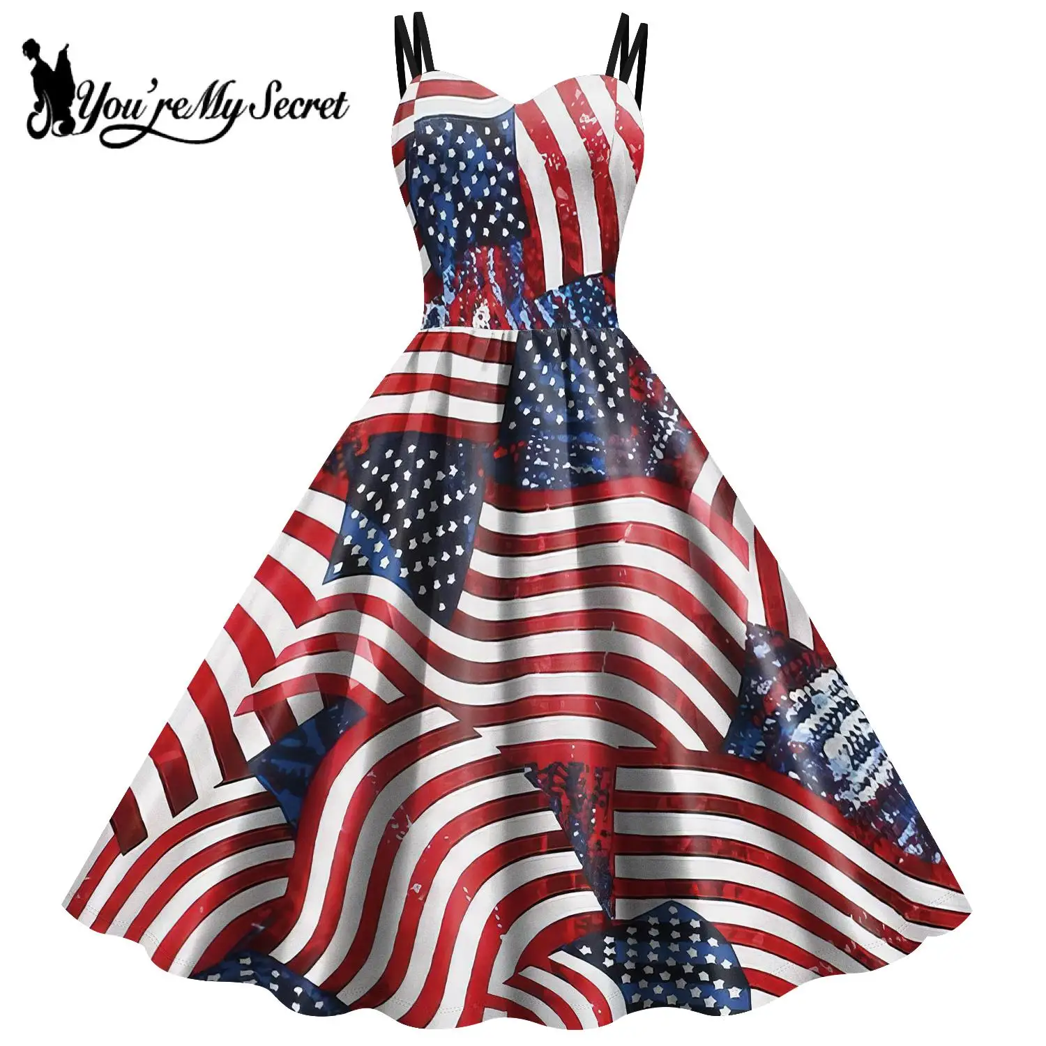 [You\'re My Secret] Independence Day Dresses Women Carnival Party Slip Dress Adult Flag Pattern Halloween Fancy Rockabilly Dress