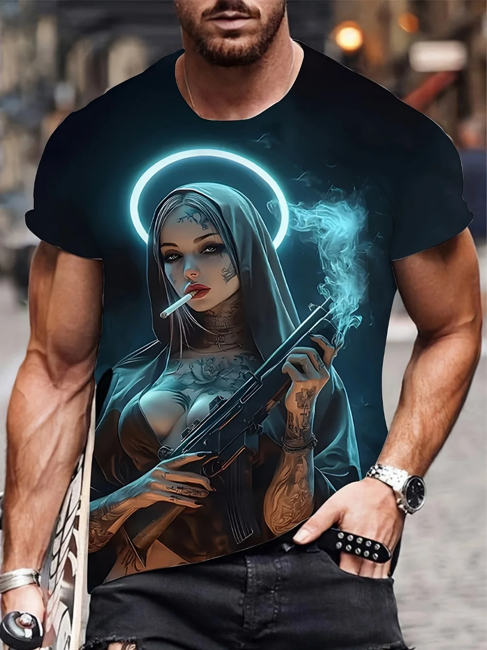 

Men's with Smoking Nun 3D Graphic T-Shirt Black Casual Summer Tee Short Sleeves Polyester Streetwear T-Shirts Vintage Clothing