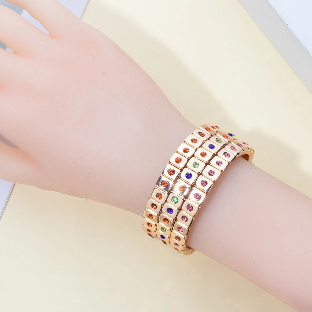New Fashions Enamel Gold Color Bracelet for Women 6*8mm Bead Elastic Bangle Colorful Zircon Women Accessories 2024 Jewelry