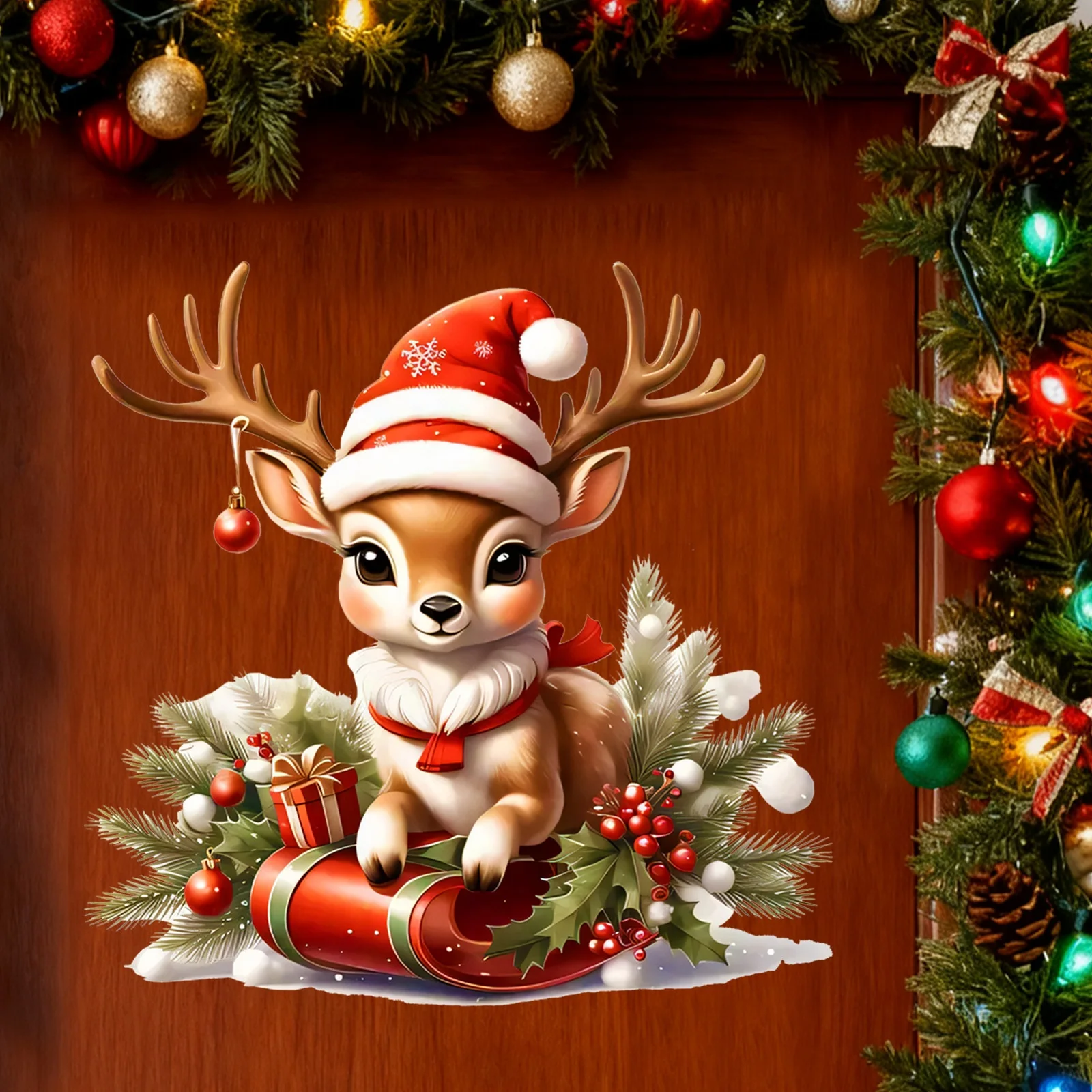 

Christmas Window Sticker Cute Deer Santa Hat Design Festive Holiday Christmas Decoration Accessory with Gift Holly Elements