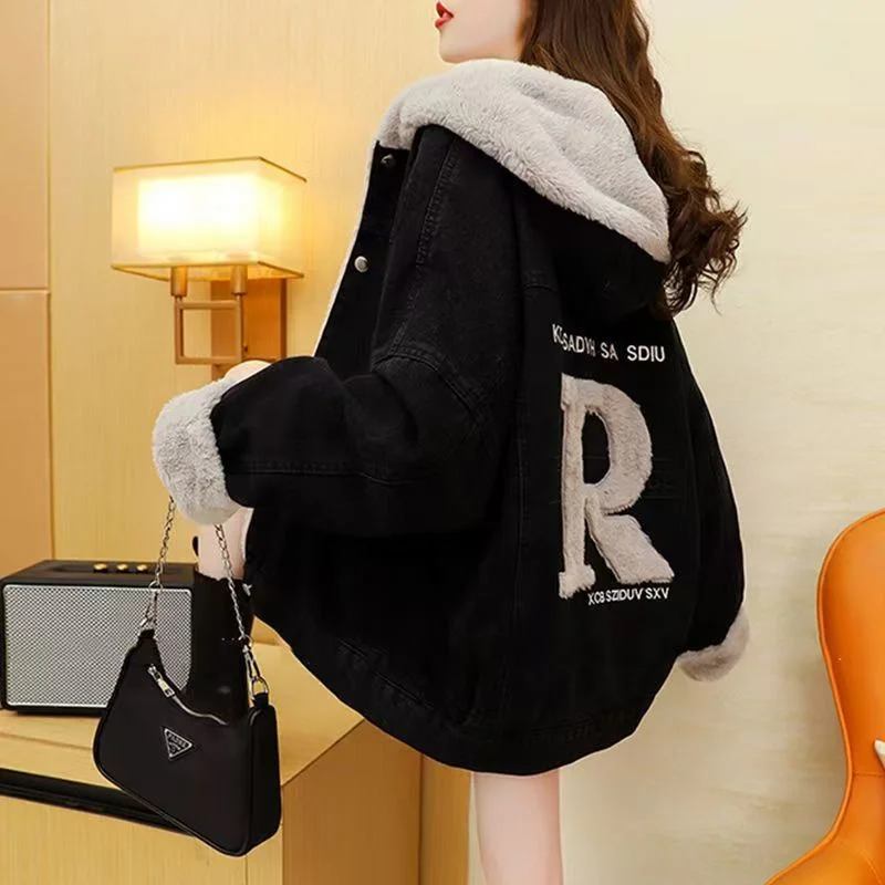 Plus Velvet Jacket Girls Campus Wind Imitates Lambswool Denim The Short Coat Trend Cotton Coat To Keep Warm Cotton-padded Jacket