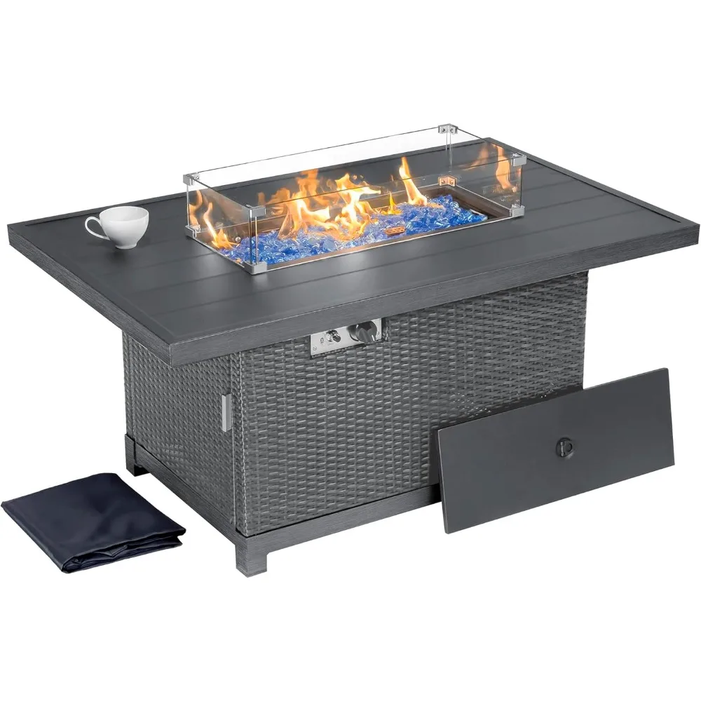 52-Inch Propane Gas Fire Pit Table with Rectangular Aluminum Frame, 50,000 BTU Patio Firepit, Includes Wind Guard and Fire Glass