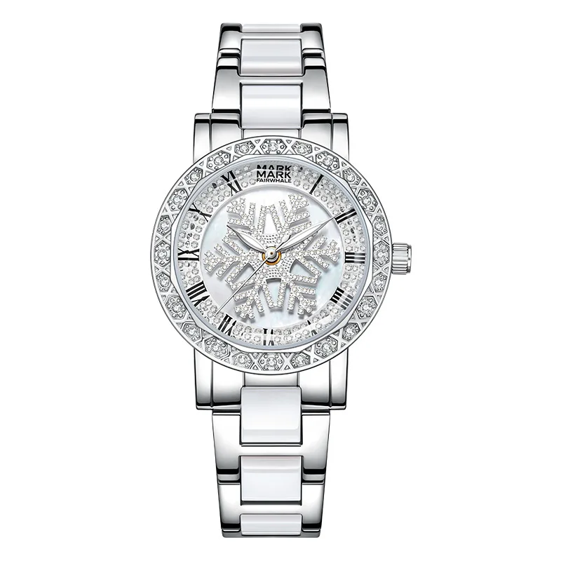 Women's Decorative Diamond Studded Fashion Waterproof Quartz Watch with Stainless Steel Band Round Butterfly Clasp Luminous