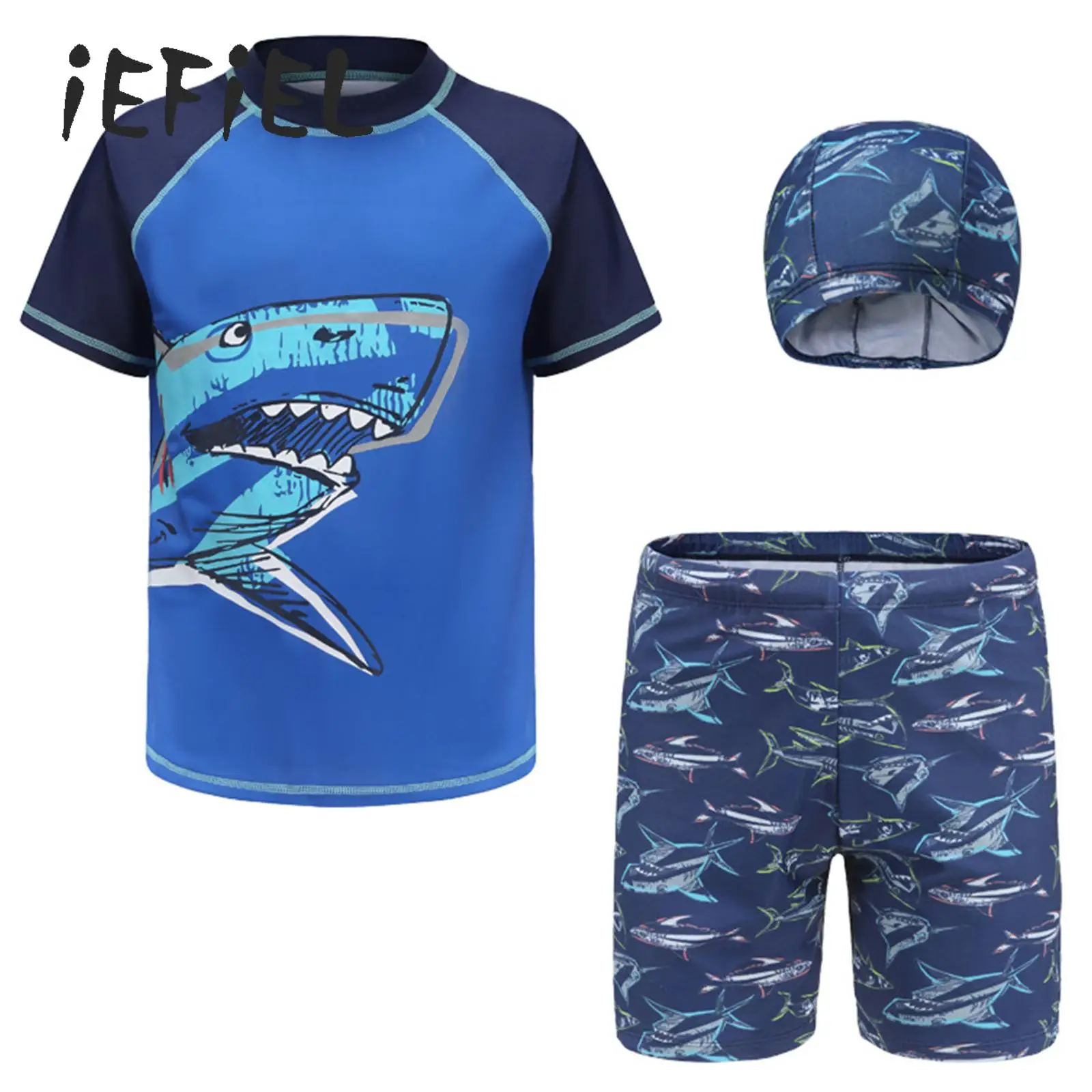 

3Pcs Kids Boys Rashguard Set Sun Protection Short Sleeve Shark Print Swim Shirts and Trunks Swimsuit with Swimming Cap Set