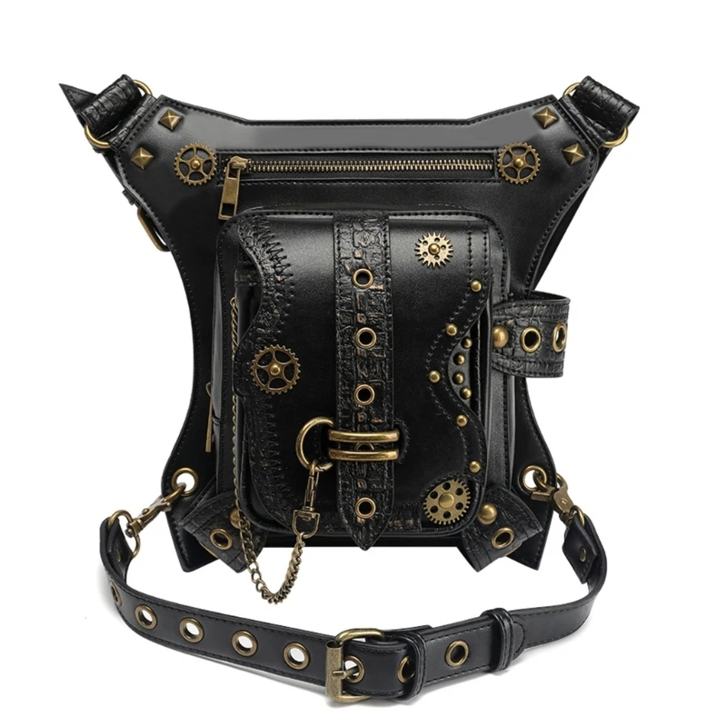 Women Steampunk PU Leather Waist Bag Vintage Fanny Pack Trendy Grommet Belt Multiple Pocket Small Chest Bag for Shopping Travel