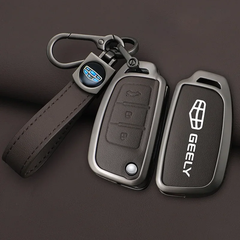 Zinc Alloy Leather Car Key Cover Protect Skin Case for Geely GX3 EC7 EC8 GC6 EC715 EC718 Emgrand7 EU7 EC7-RV EC718-RV Keychain