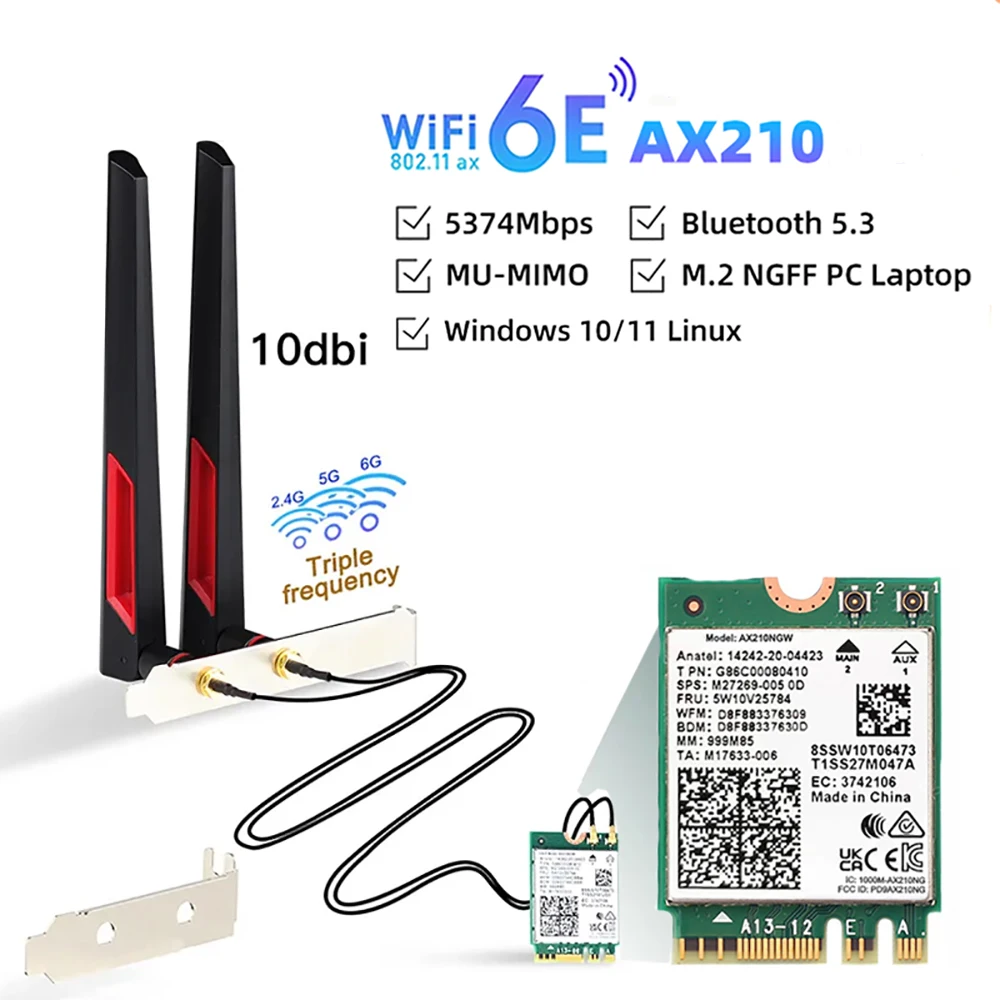 

Карта WiFi 6 AX210 Адаптер Bluetooth 5,3 5374 Мбит/с 2 в 1 Настольный комплект 10DBi Антенны 802.11ax 2,4G/5Ghz/6Ghz для Win 10/11