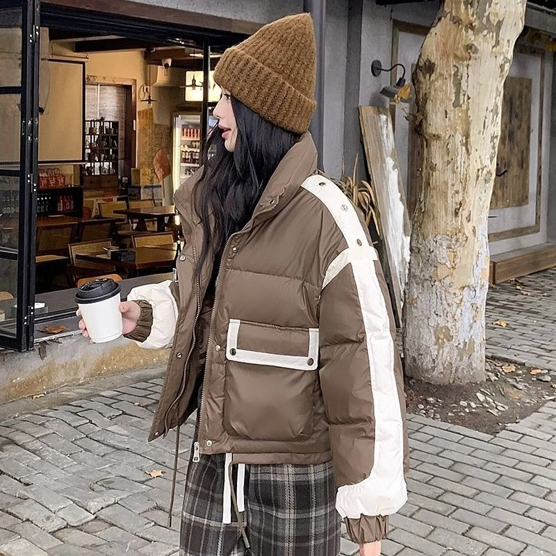 

Женская модная глянцевая куртка из искусственной кожи с хлопковой подкладкой, Новое поступление 2025, короткое стеганое пальто с цветными блоками для миниатюрных размеров