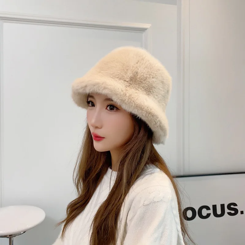 Rabbit Fur Bucket Hat for Women Fashion Autumn Winter Warm Thickened Fisherman Hat Russian Outdoor Hat Warm Trooper Trapper Cap