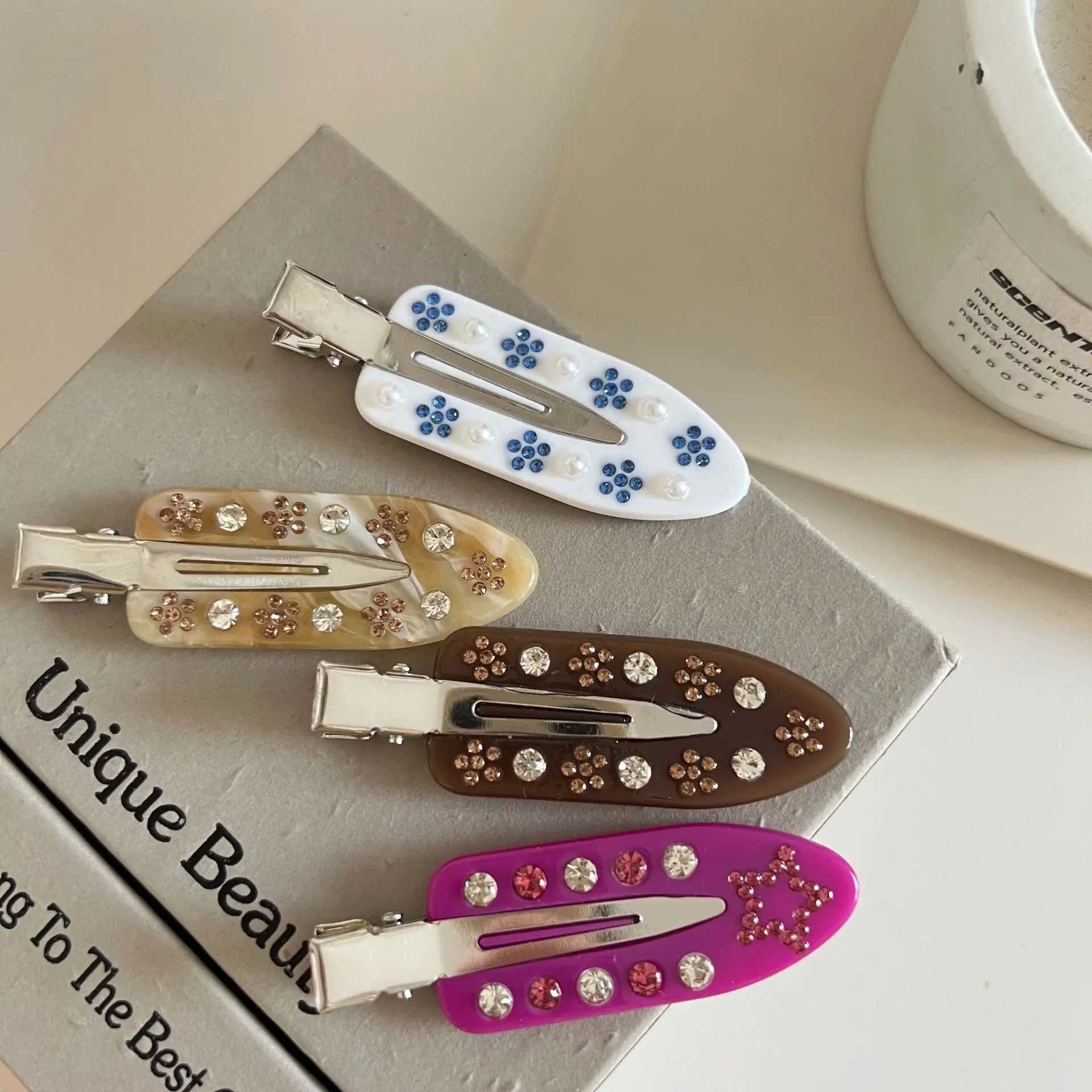 Hair Clips No Crease Rhinestone Flower Alligator Style Plastic for Side Bangs Makeup Elegant Artistic Women Everyday Secure