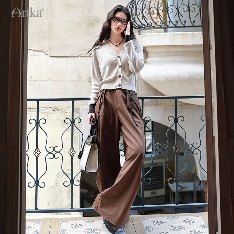 ARTKA 2025 Autumn New Women Pants Fashion Casual High Waist Drapping Straight Trousers Loose Wide Leg Pants With Belt KA52050Q