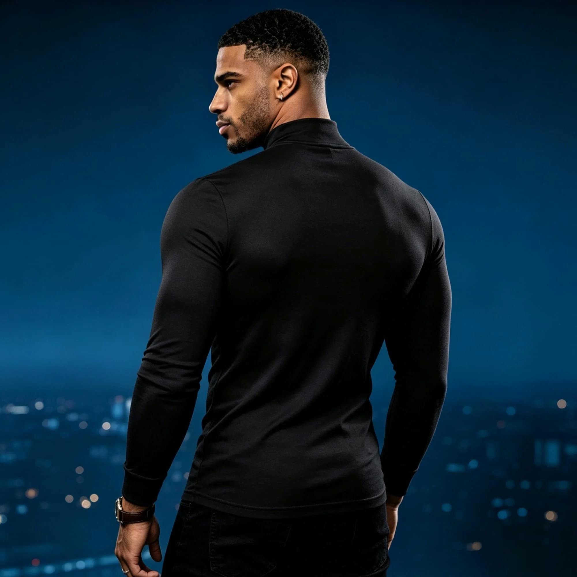 Sleek Minimalist Mock Neck Shirt For Men Electrocardiogram Line Motif Versatile Layering Long Sleeve Tee