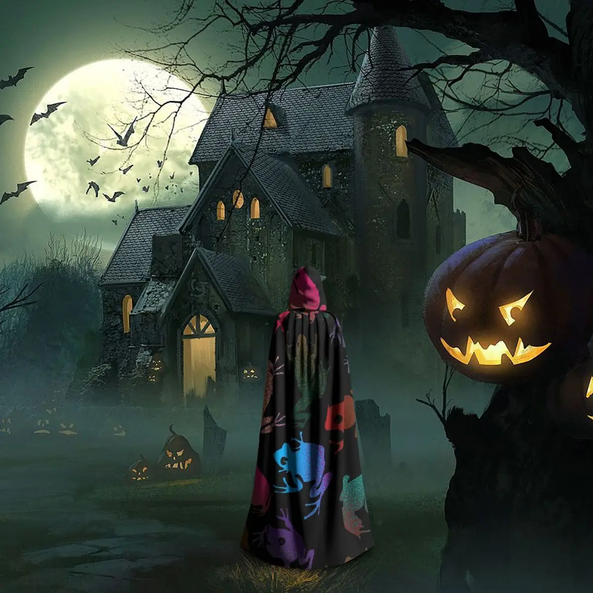 الضفادع عباءة طويلة مقنعين الساحرة القرون الوسطى زي تأثيري كيب HalloweenParty الكبار للجنسين