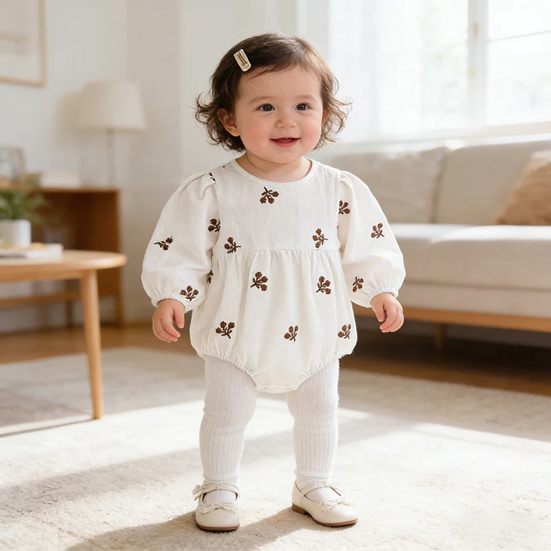 

2026 New Spring 0-24M Infant Baby Girl White Embroidery Jumpsuit Long Sleeved Cotton Baby Girl Romper Baby Girl Romper Clothes